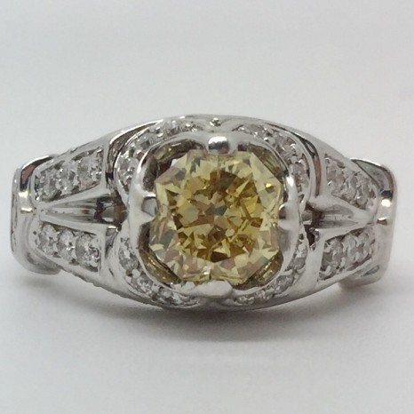 2.60 Carat Fancy Intense Yellow Radiant-Cut Victorian Diamond Engagement Ring in 18k White Gold